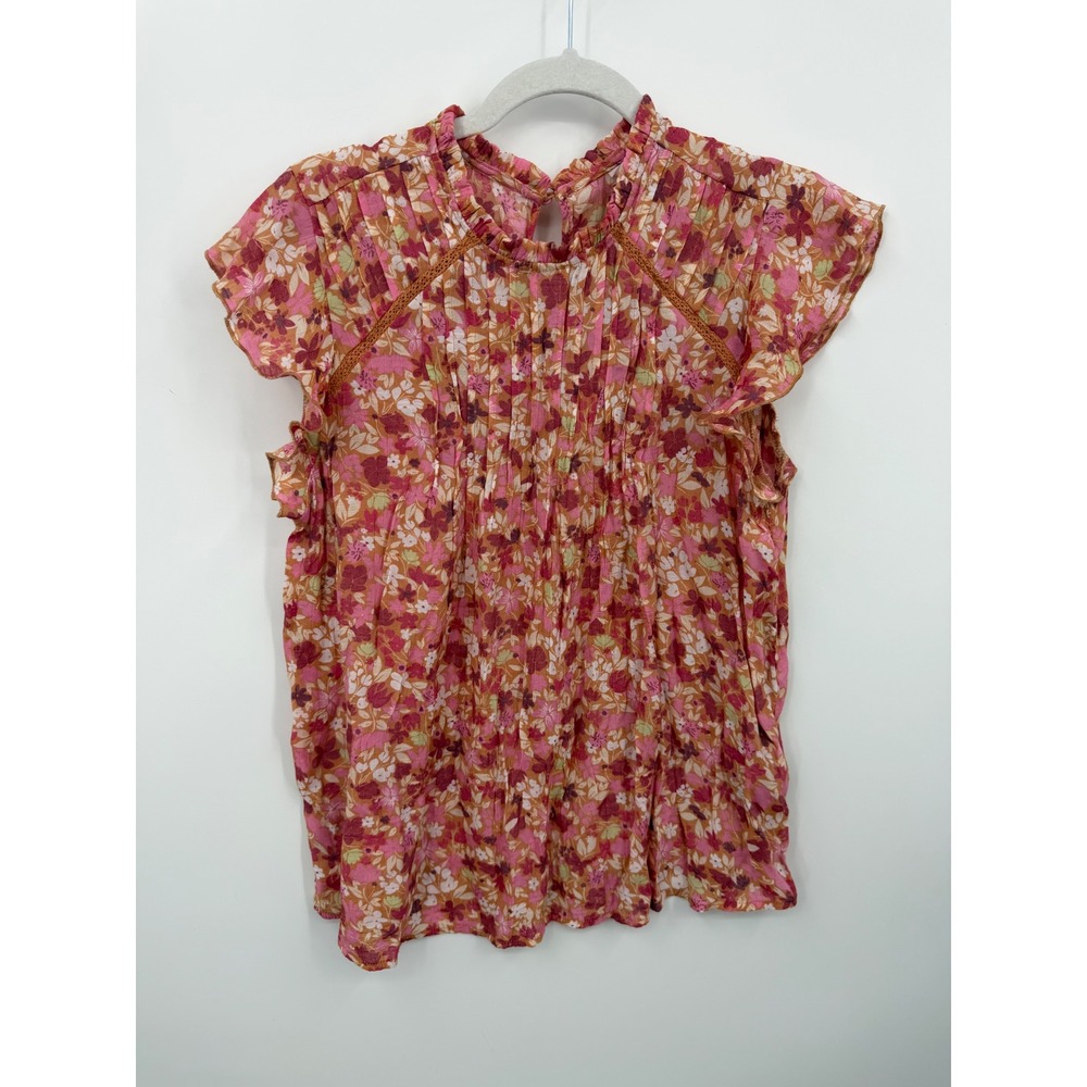 Nanette Lepore Floral Flutter Sleeve Top Womens Large Pink Orange Pintuck Ruffle